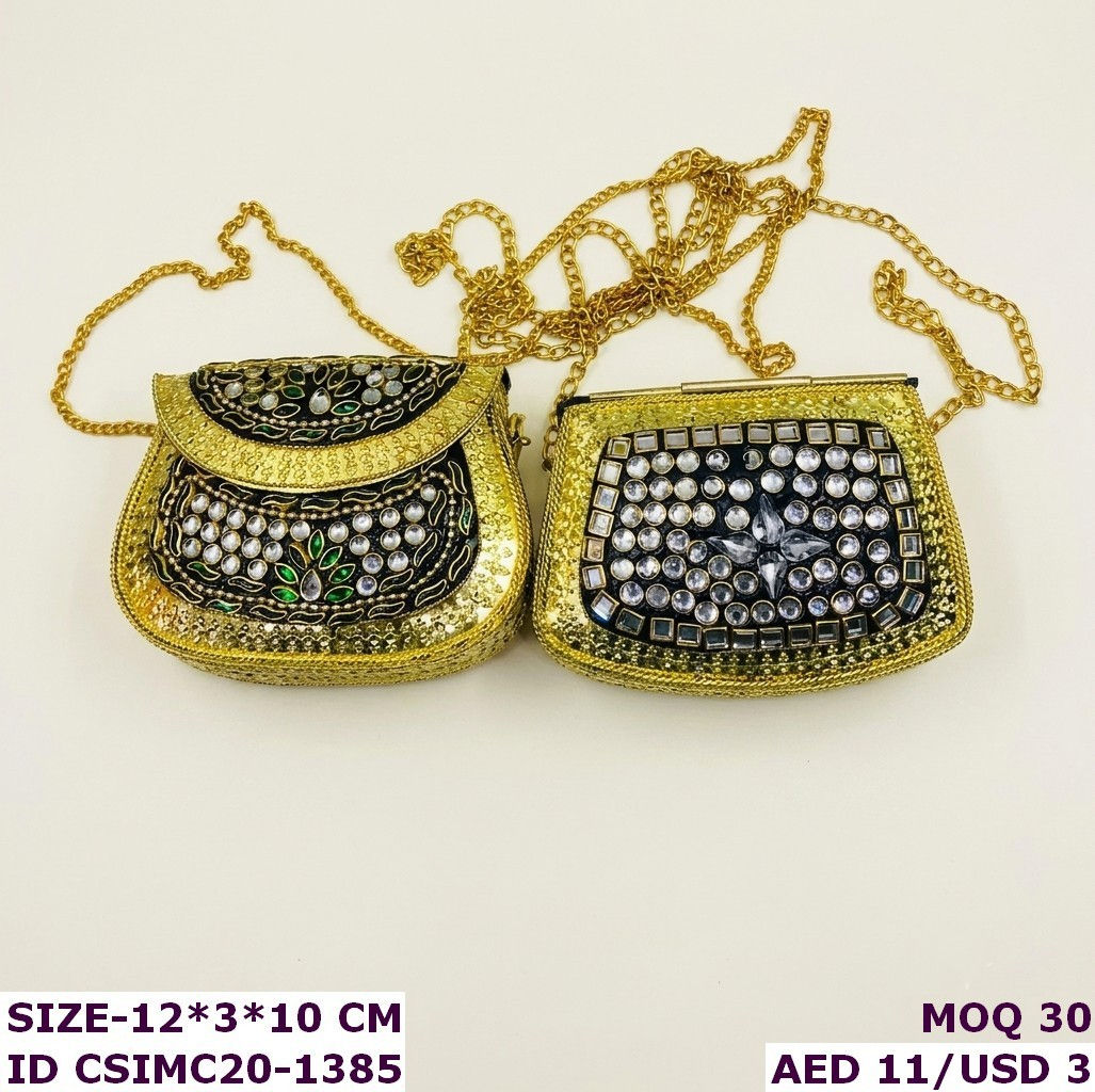 Luxury Kundan Metal Evening Clutch Bag with Decorative Chain Strap