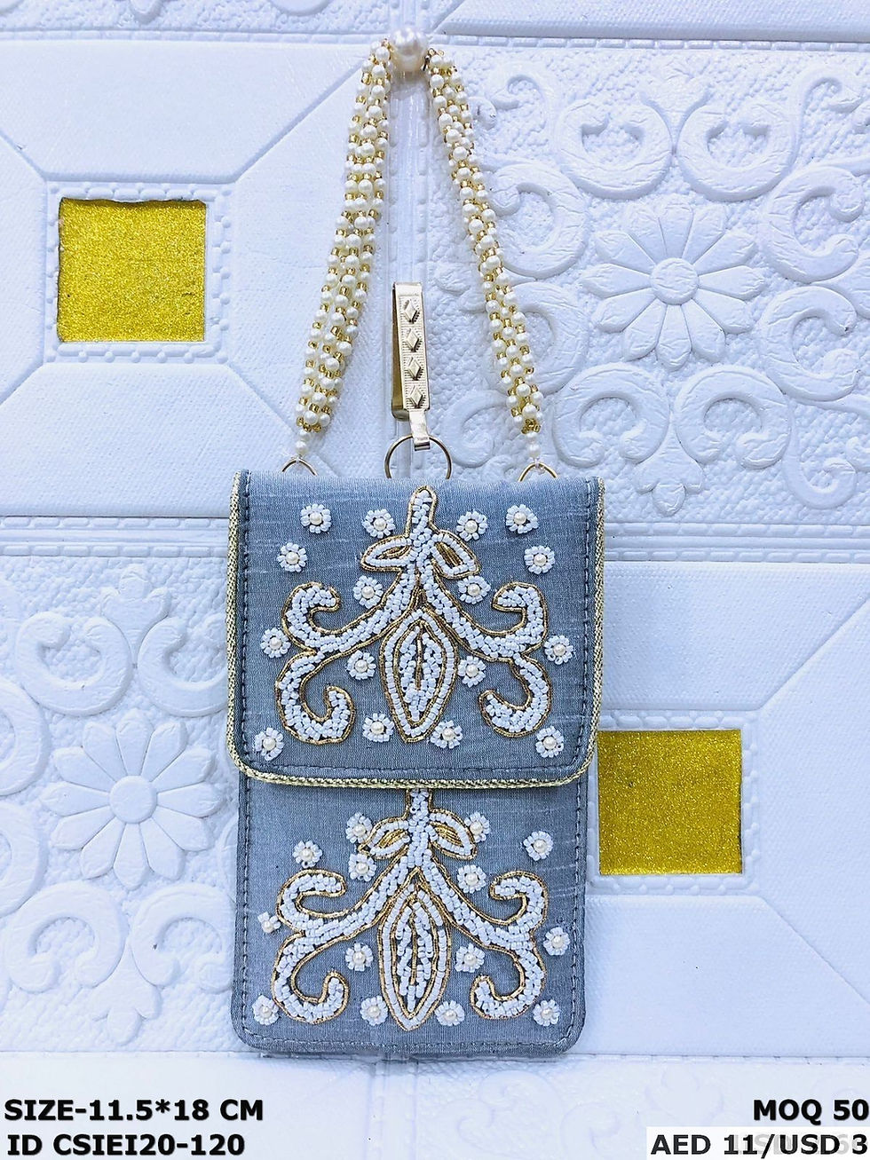 Thumbnail: Handcrafted Embroidered Silk Mobile Pouch with Pearl Handle