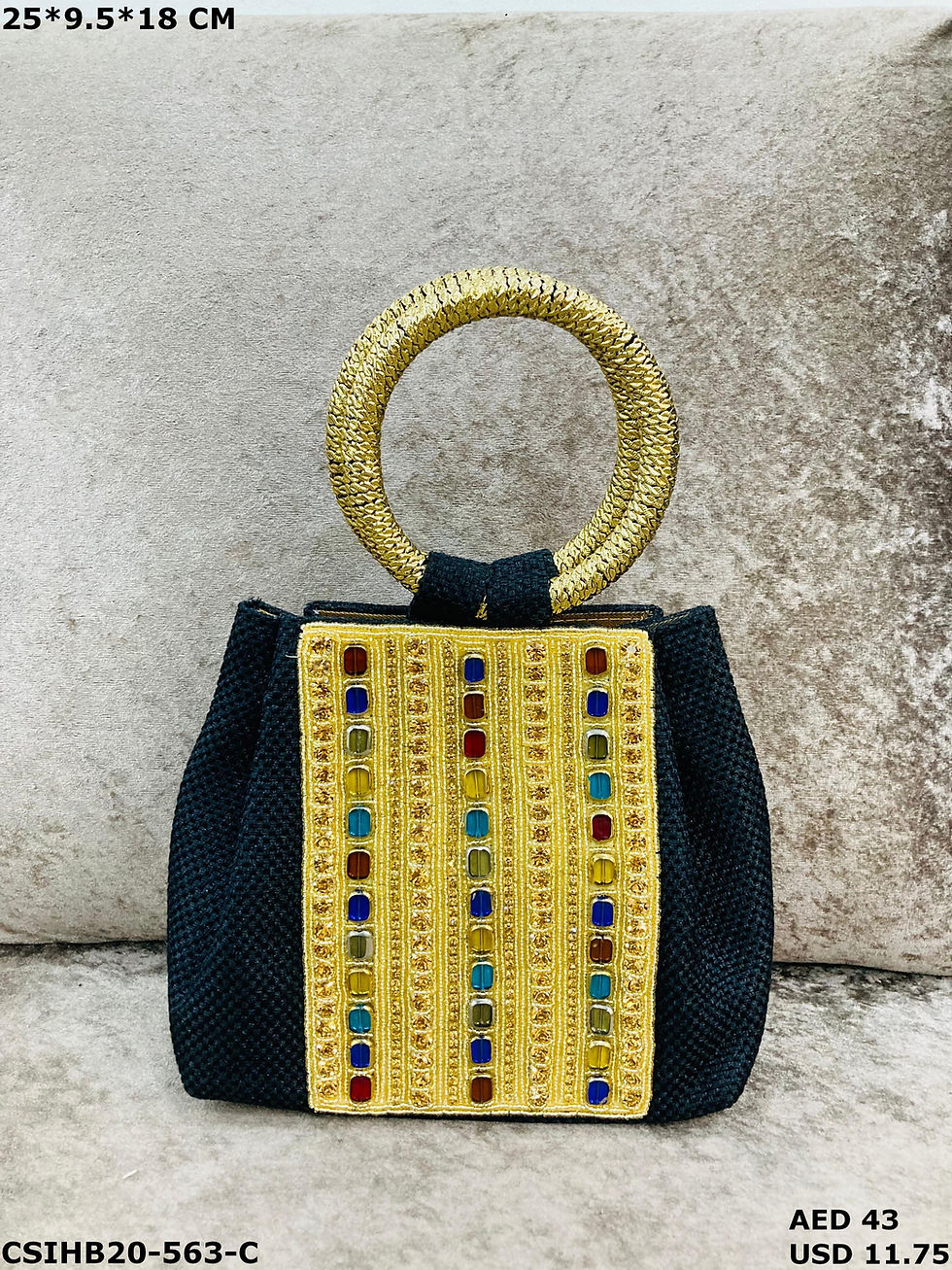 Thumbnail: Elegant Jute Evening Bag with Crystal Stone Beaded Detailing