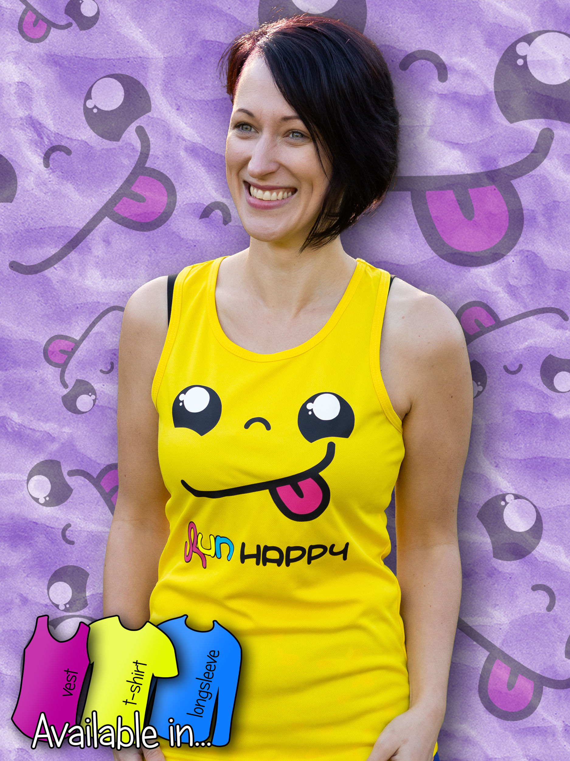 front of bright yellow racer vest with smiley face and run happy text