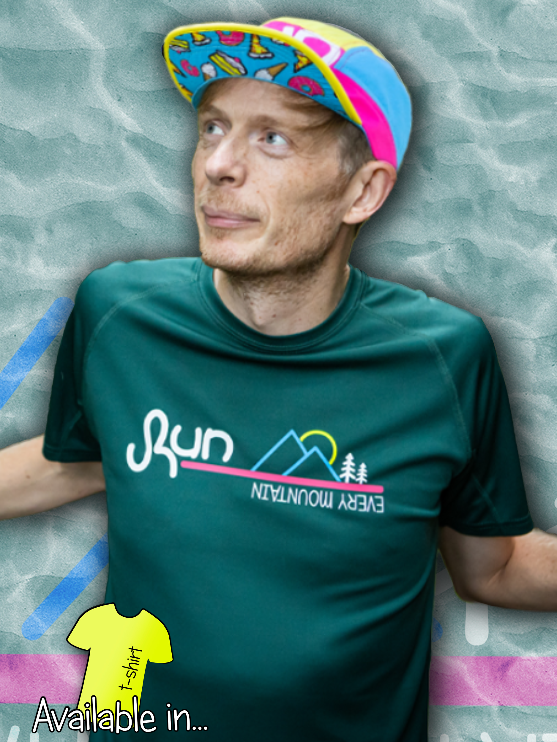 Green “Run Every Mountain” men’s running top – bold, breathable activewear with motivational slogan, ideal for trail and road