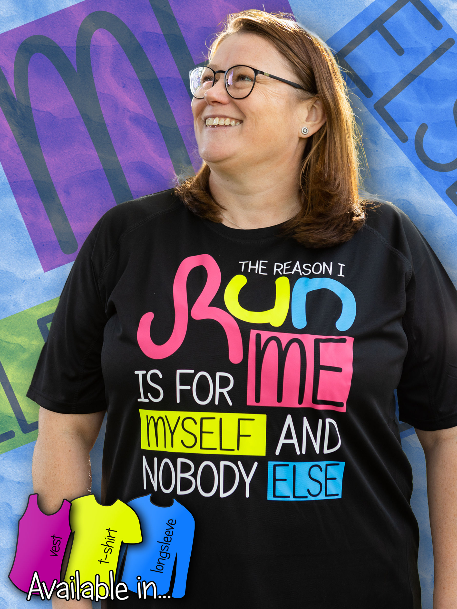 front of colourful active top with run for me design