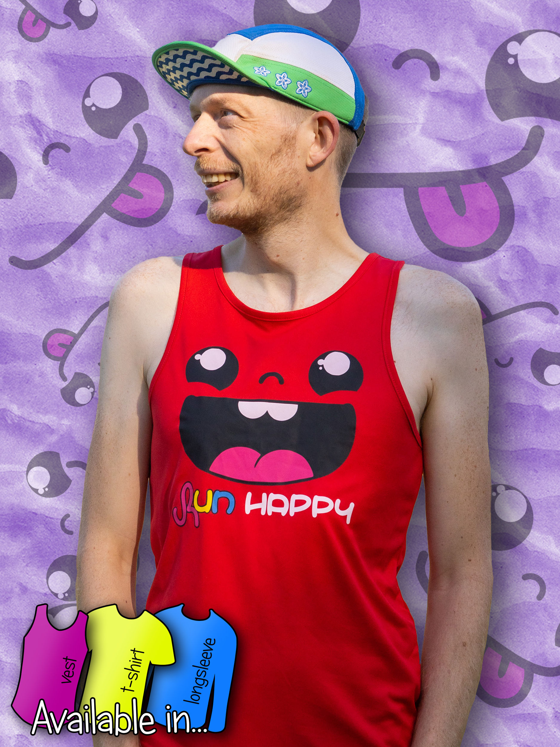 red active vest front view with happy face design