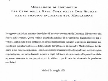 24.05.2021 - Cordoglio del Capo della Real Casa delle Due Sicilie per l'incidente sul Mottarone
