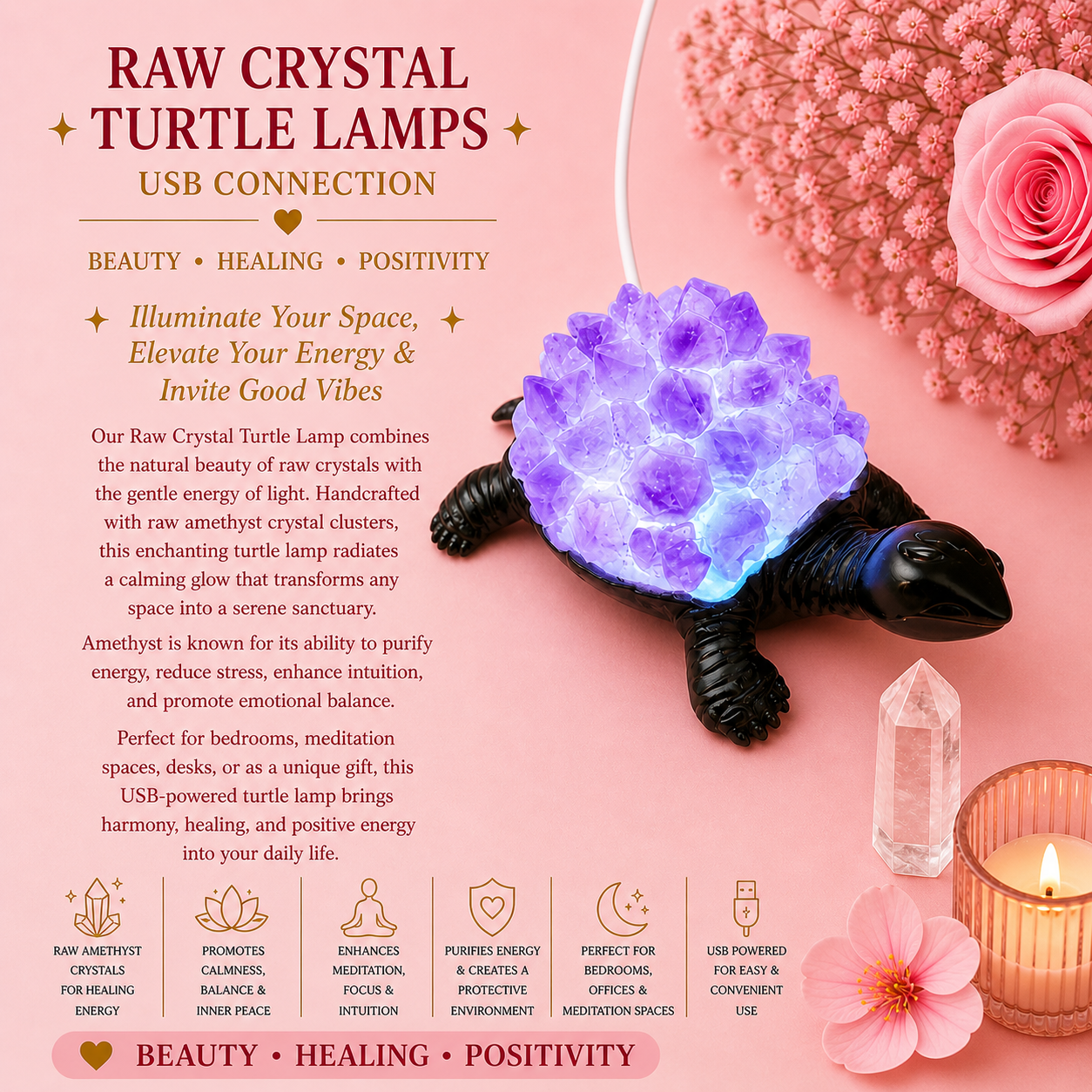 Raw Crystal Turtle Lamps - USB Connection