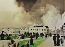 1981 - View from Hayes Street, San Francisco, 1906, Acrylic on canvas, 9x12'