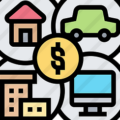 A dollar sign surrounded by a car, a house and a computer