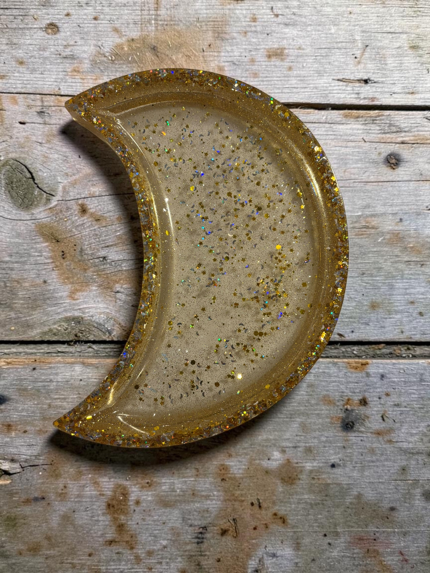 🌙 Gold Glitter Crescent Moon Trinket Dish — Handmade by Enchanted Creat