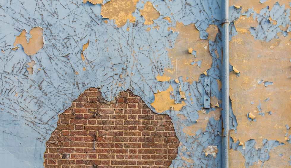 A peeling wall shows exposed bricks in Charleston, South Carolina