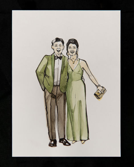 Live watercolour guest illustration by Silk Wedding Painting in Victoria BC, featuring an elegantly dressed older couple at an event, with the woman in a green dress and the man in a matching green jacket