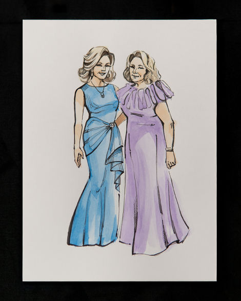 Watercolour guest illustration by Silk Wedding Painting in Victoria BC, featuring two friends dressed elegantly at a live event