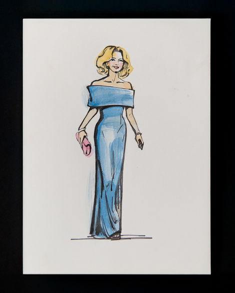 Live watercolour guest illustration by Silk Wedding Painting in Victoria BC, featuring a confident woman in a stunning blue gown with mid-length blonde hair at an event