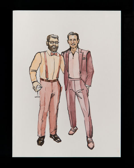 Live watercolour guest illustration by Silk Wedding Painting in Victoria BC, featuring a stylish middle-aged same-sex couple at an event, with one man in a pink suit and the other wearing pink suspenders with a tan shirt and bow tie