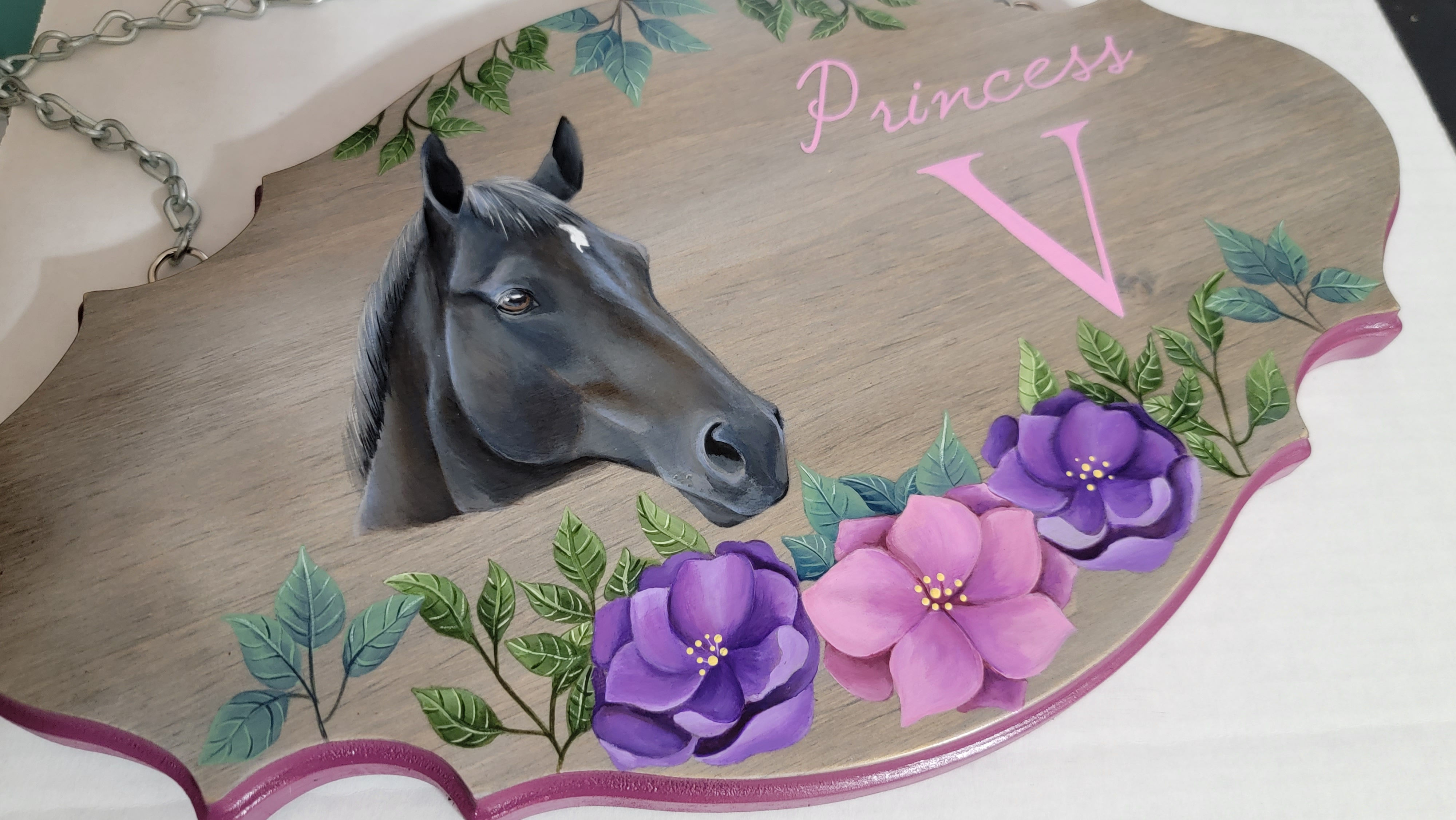 8"x 13" Hand Painted Horse Portrait Stall Sign with flowers