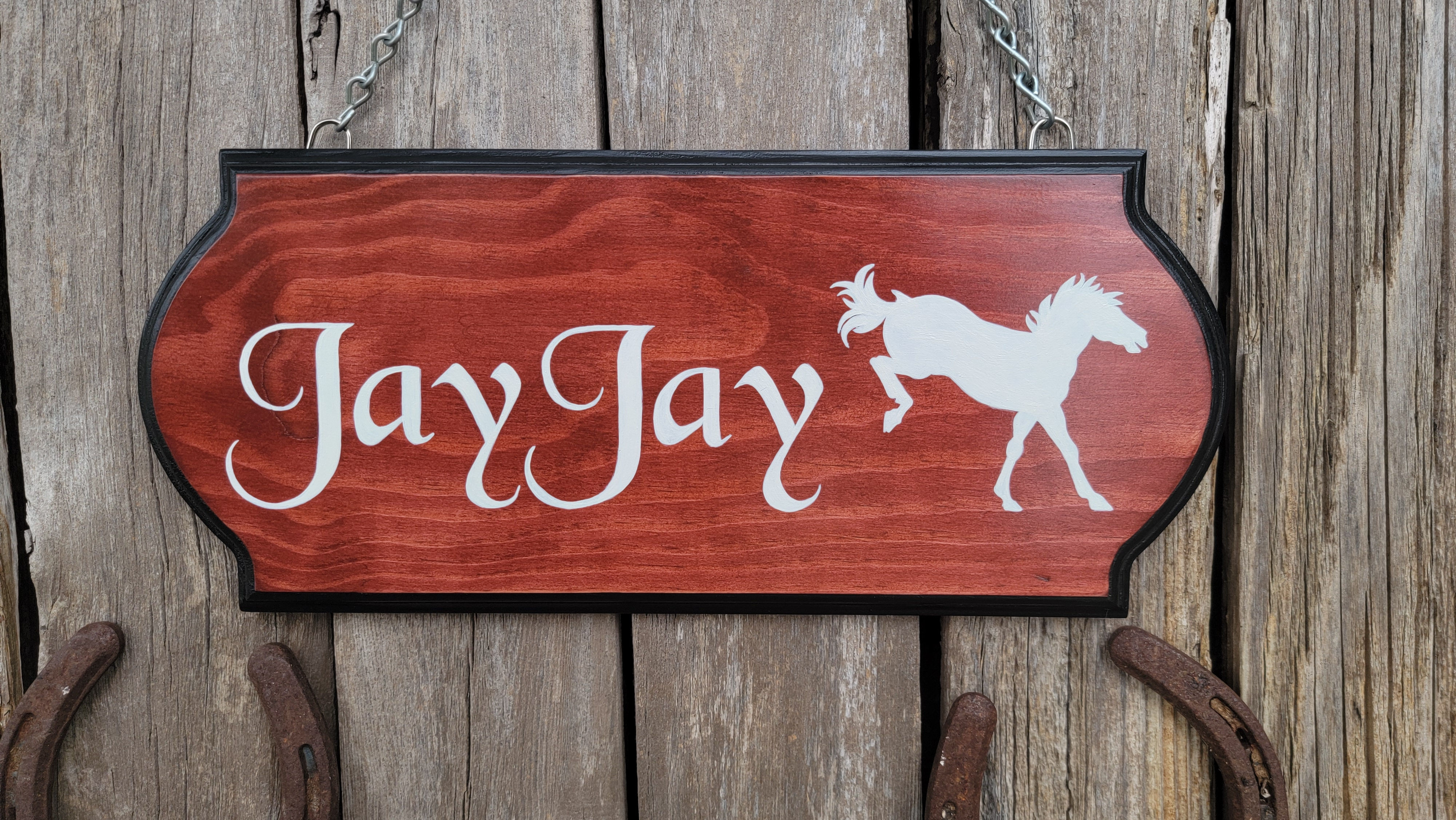 6"x14" Classic hand lettered stall sign with Logo