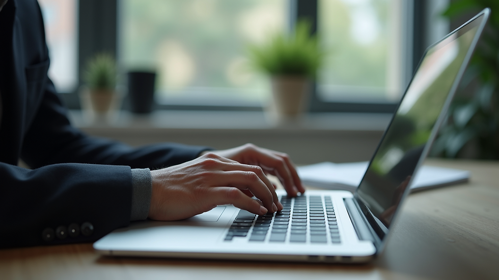 Close-up view of a person using a laptop for skip tracing