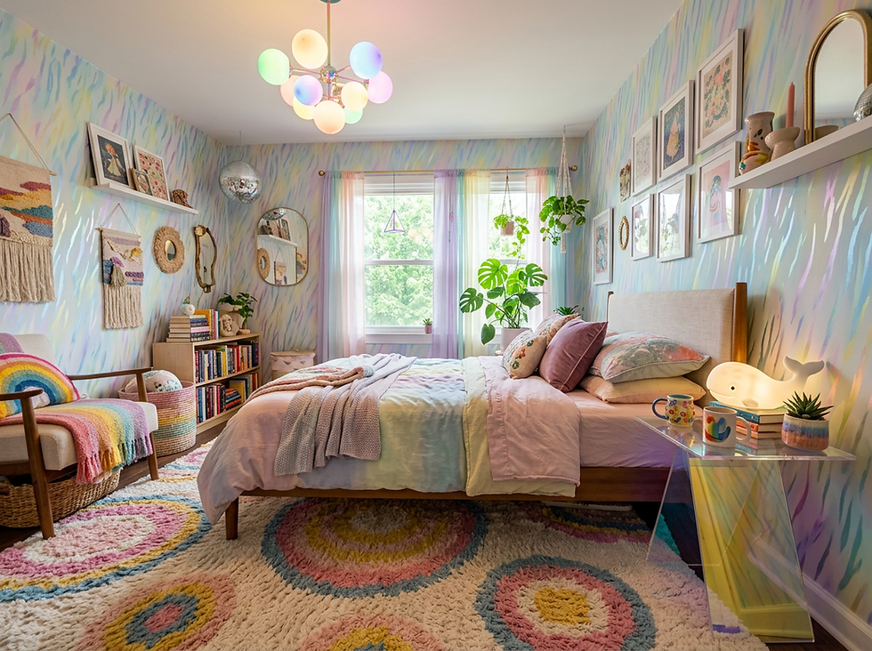 Whimsy Maxxing Home Decor Ideas with Iridescent Wallpaper, Bubble Light and Boho Rug