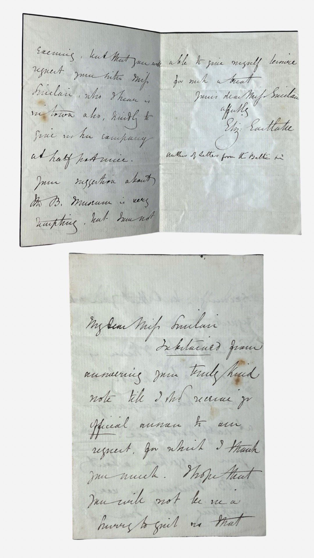 Autograph letter signed by Lady Elizabeth Eastlake to Catherine Sinclair c1850s