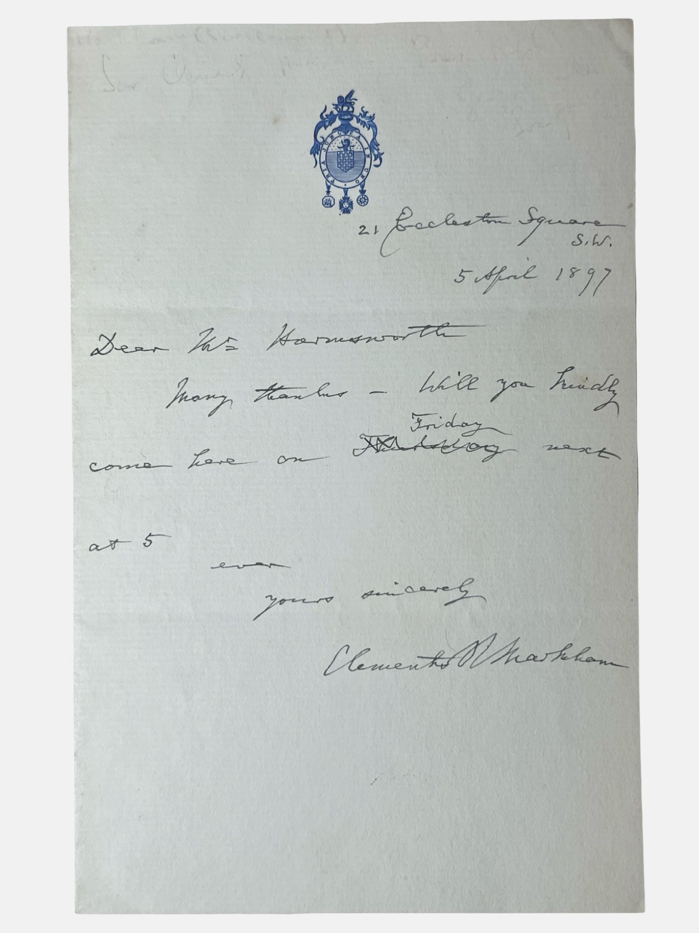 Autograph letter signed by Clements Markham to Lord Northcliffe dated 1897