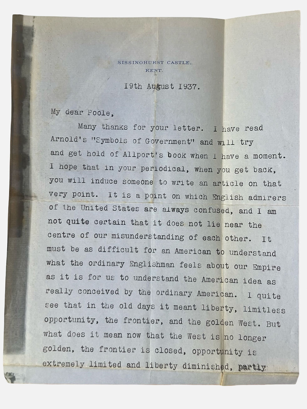 Thumbnail: Two typed letters signed by Harold Nicolson Prestige Lecture 1937