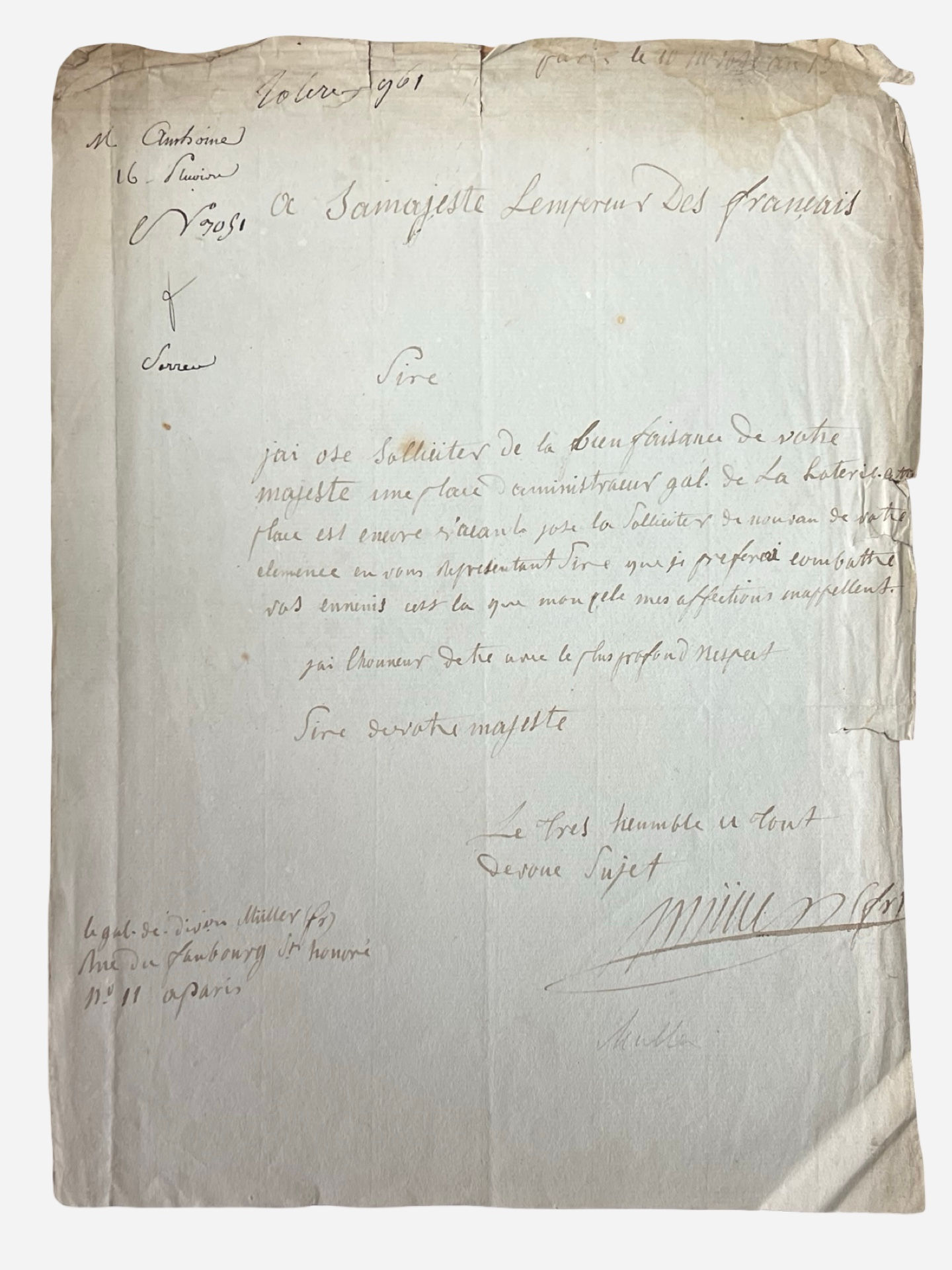 Autograph letter signed by General Francois Muller to Napoleon I dated c1804/5