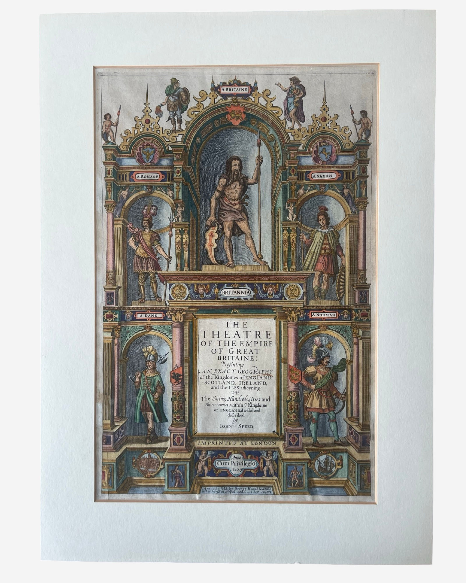 A hand coloured title page 'The Theatre of Great Britaine' John Speed 1627