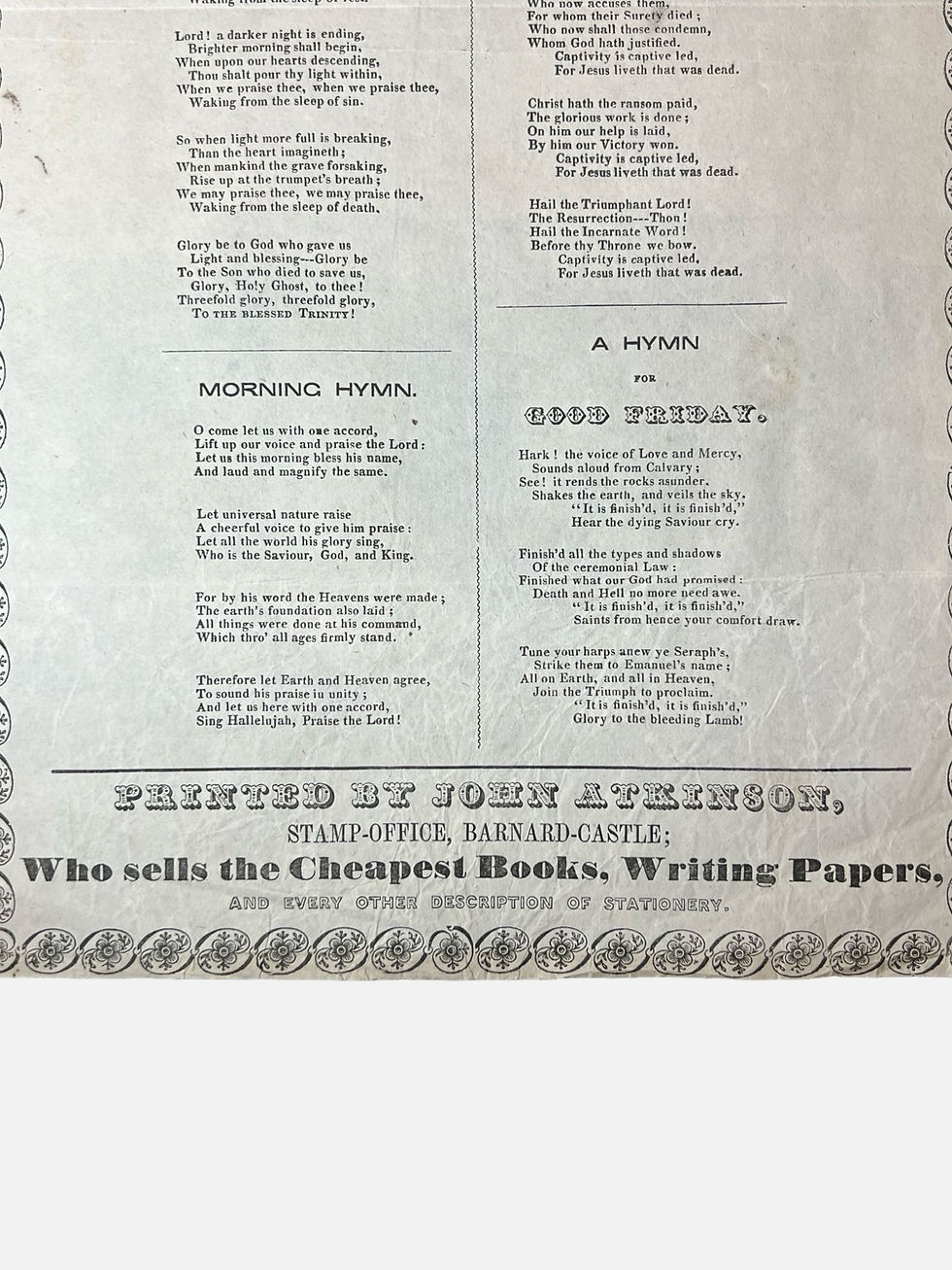 Thumbnail: A provincial broadside of hymns by John Atkinson Barnard Castle c1850s