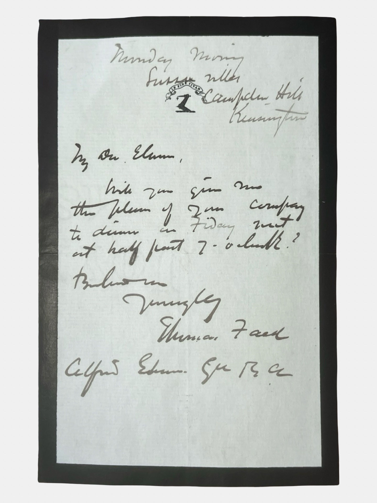 Autograph letter signed by Scottish artist Thomas Faed to artist Alfred Elmore
