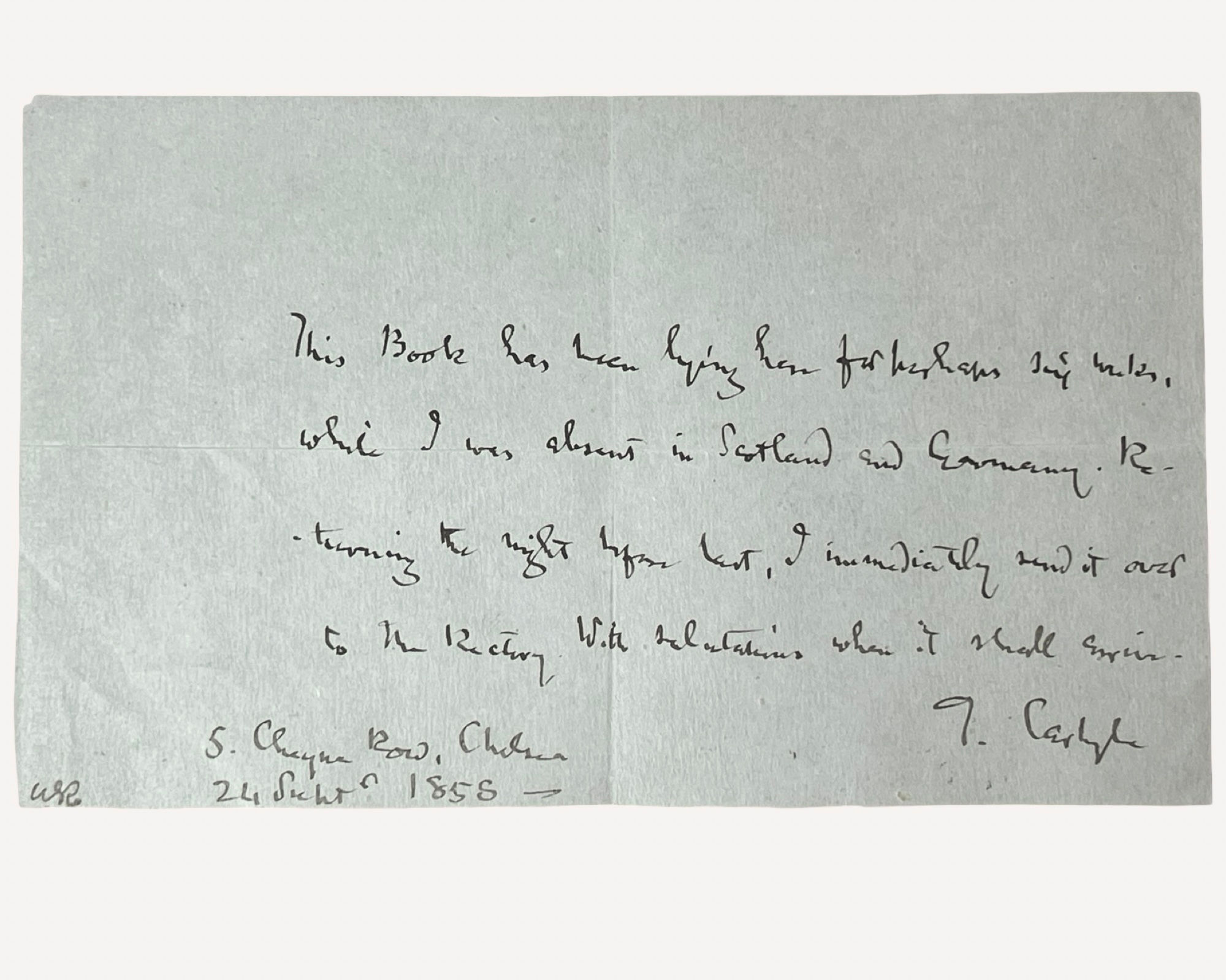 Autograph signed note by Thomas Carlyle to Rev. Charles Kingsley dated 1855