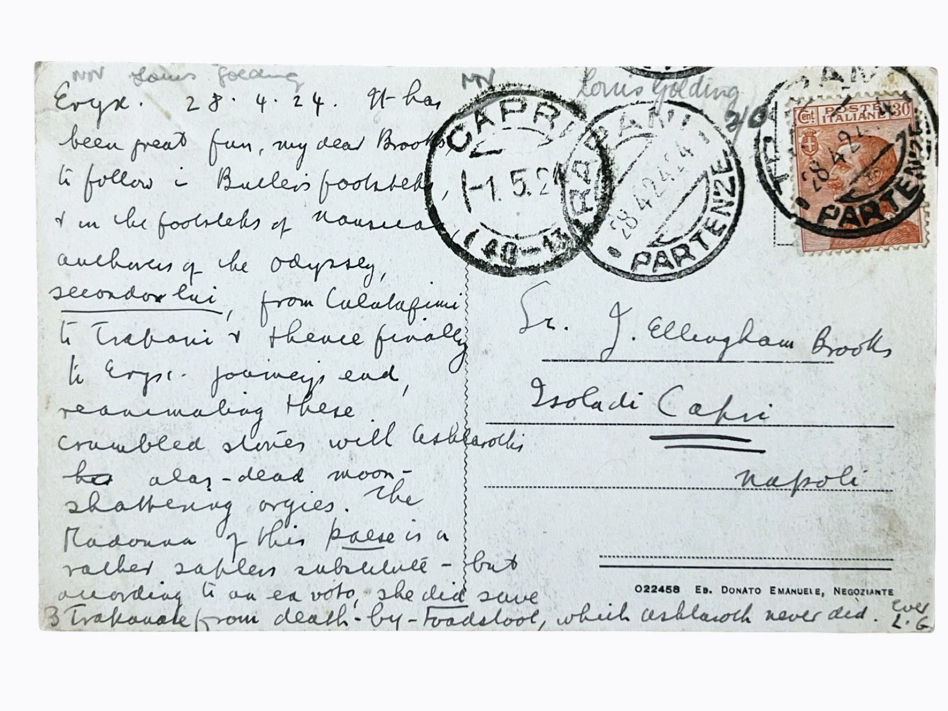 Autograph postcard signed by Louis Golding to scholar John Ellingham Brooks 1924