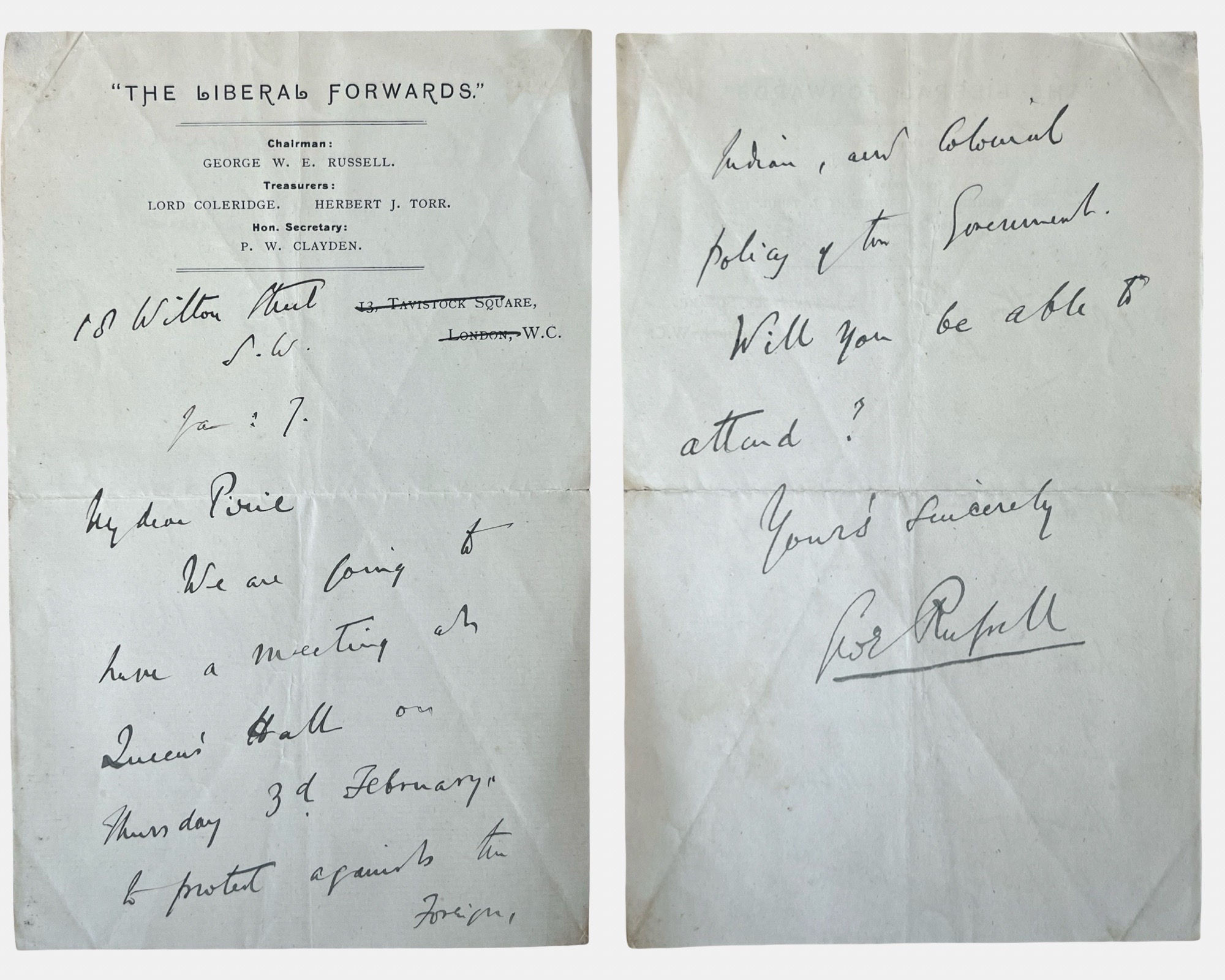 Autograph letter signed by W.E. George Russell to a fellow MP dated c1898/99