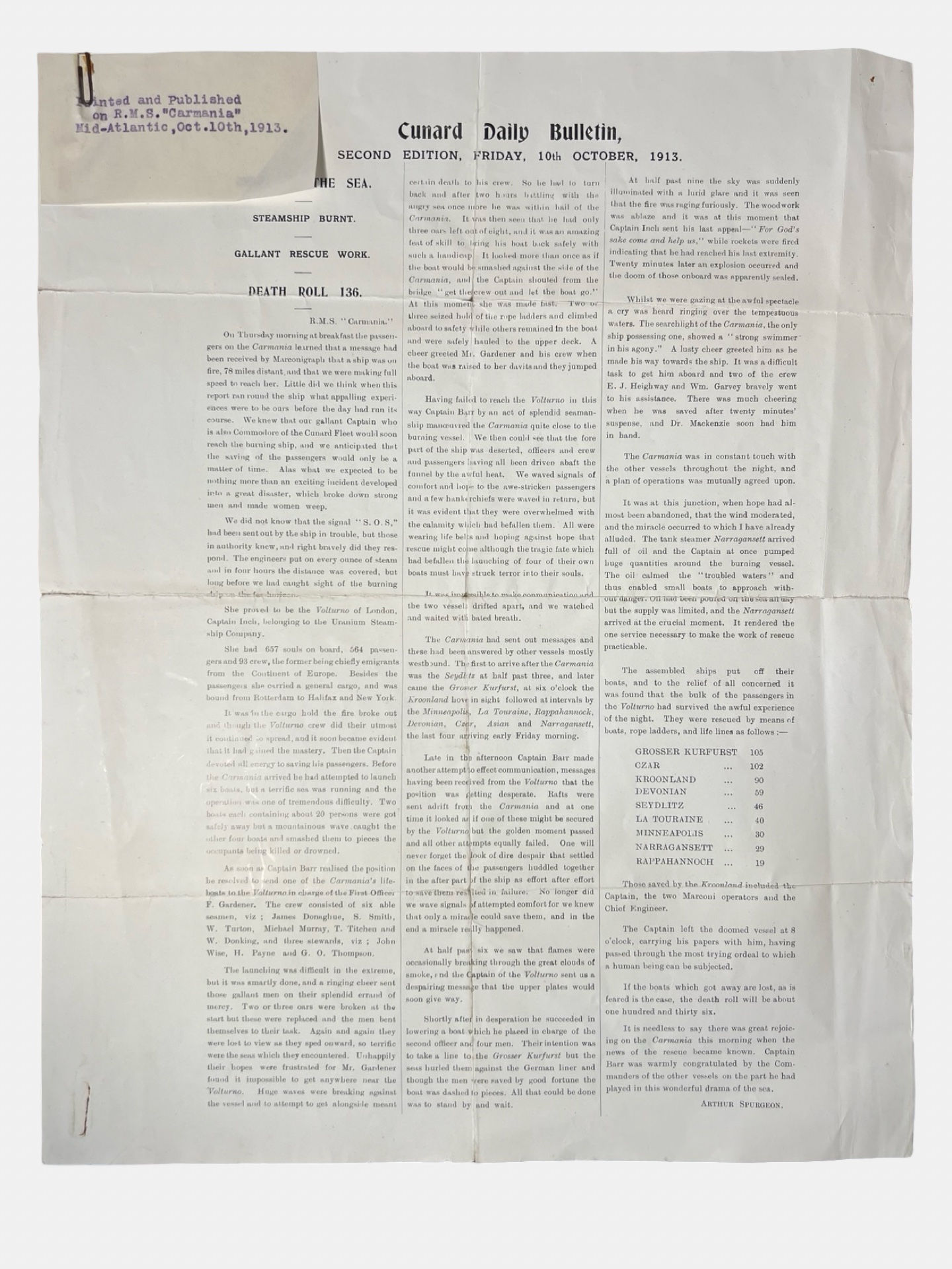 Cunard Daily Bulletin about the burning of the Volturno Sir Arthur Spurgeon 1913