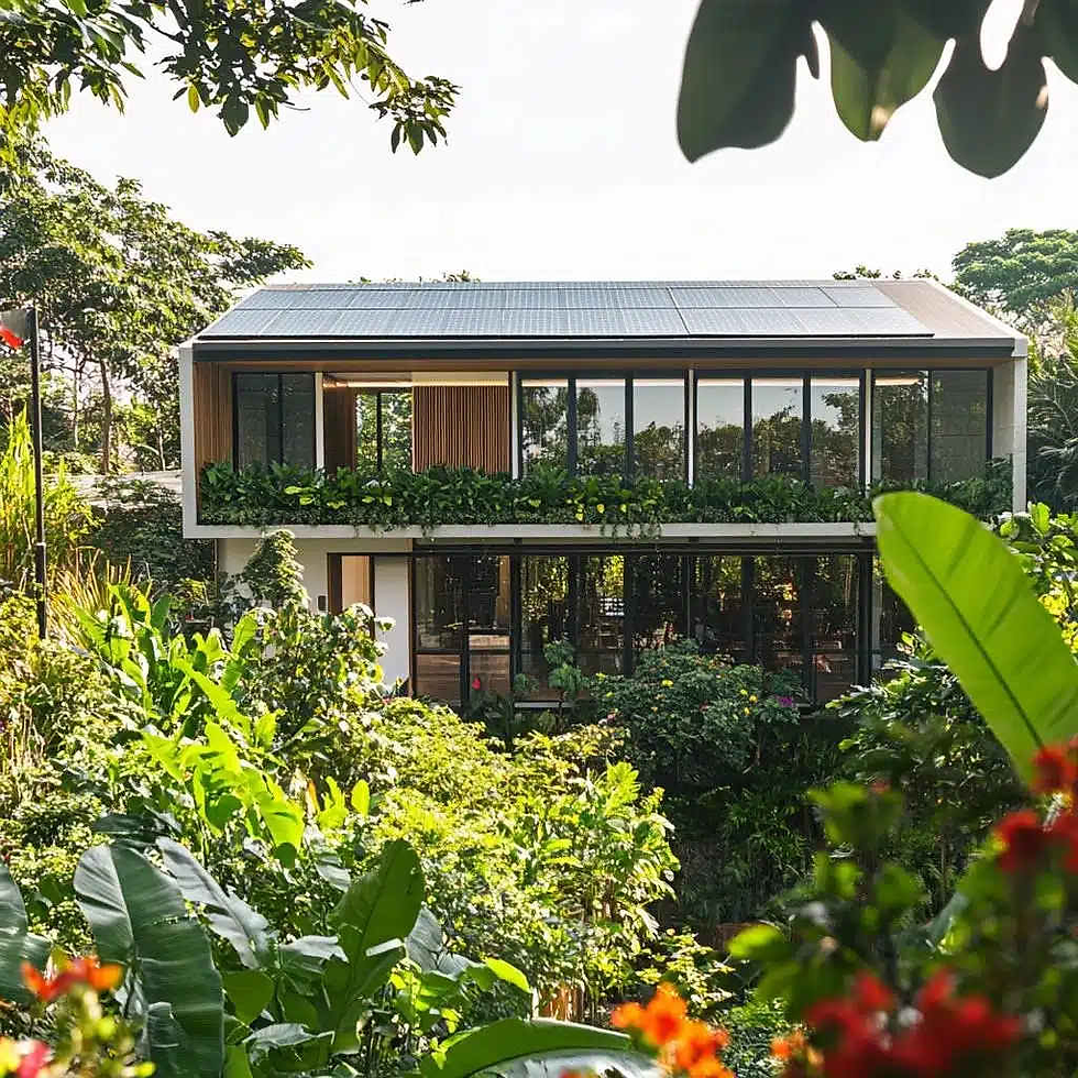 Casa moderna e sustentável que integra design biofílico e tecnologia solar com vegetação exuberante