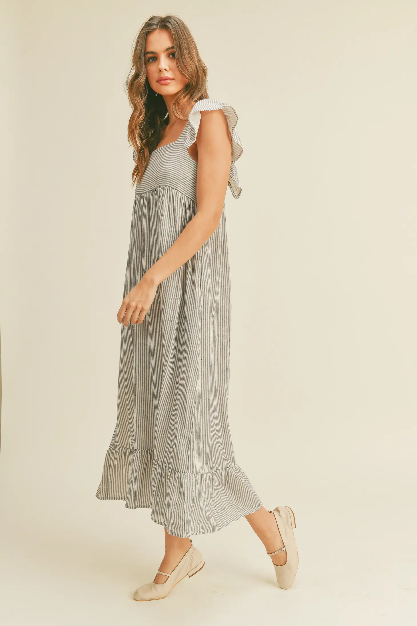 Striped Gauze Long Ruffle Sleeved Dress My Store