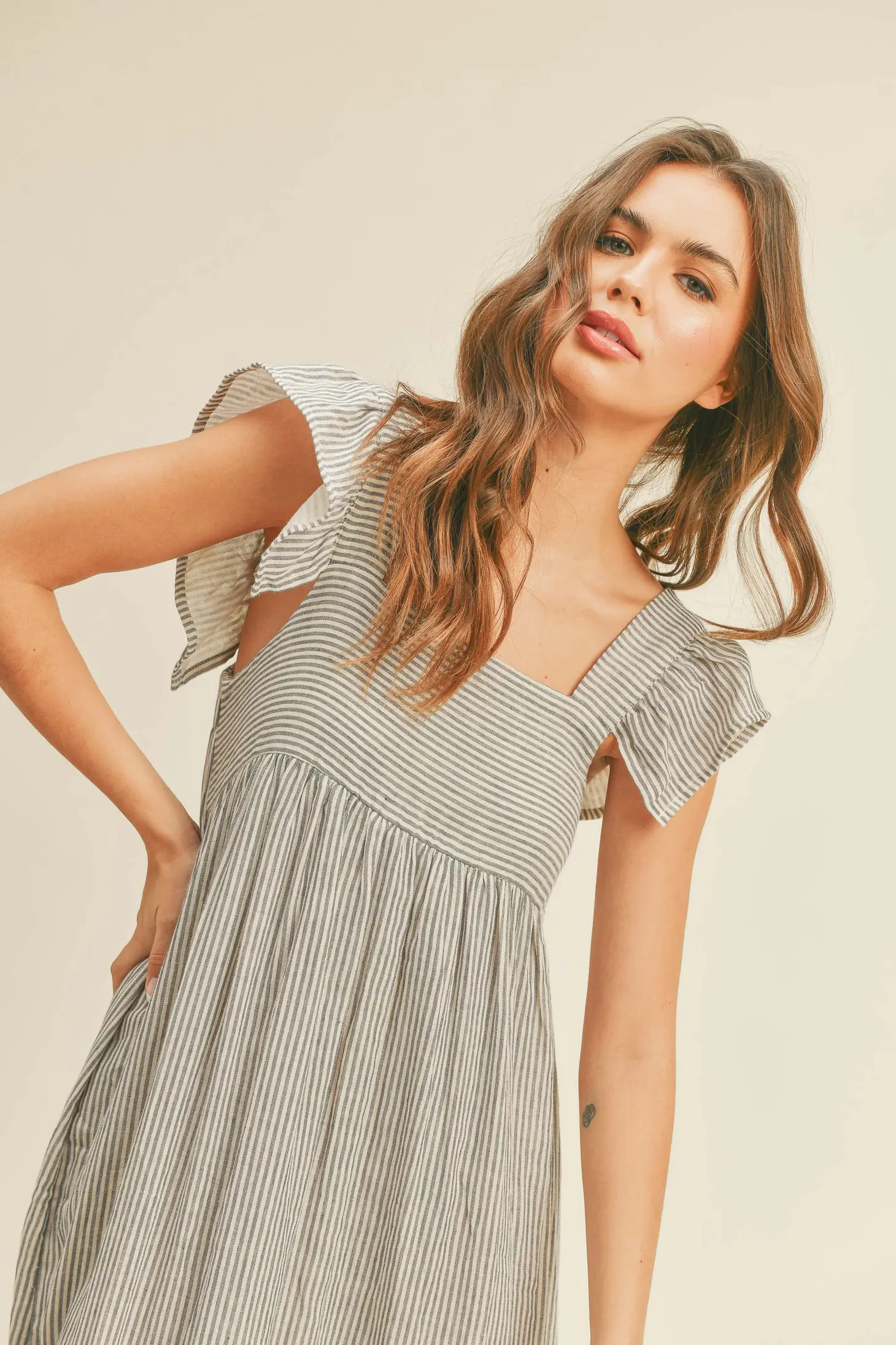 Striped Gauze Long Ruffle Sleeved Dress My Store