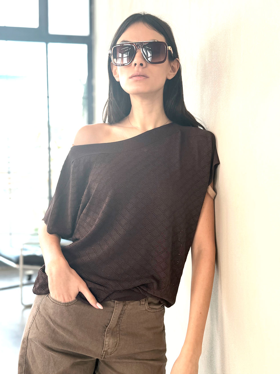 תמונה ממוזערת: סריג טקסטורה מעוינים עטלף| שוקולד