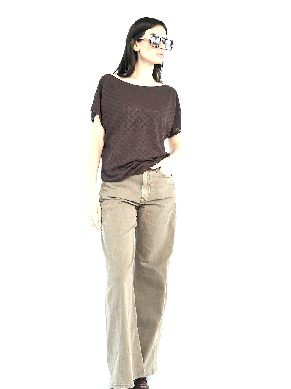 תמונה ממוזערת: סריג טקסטורה מעוינים עטלף| שוקולד