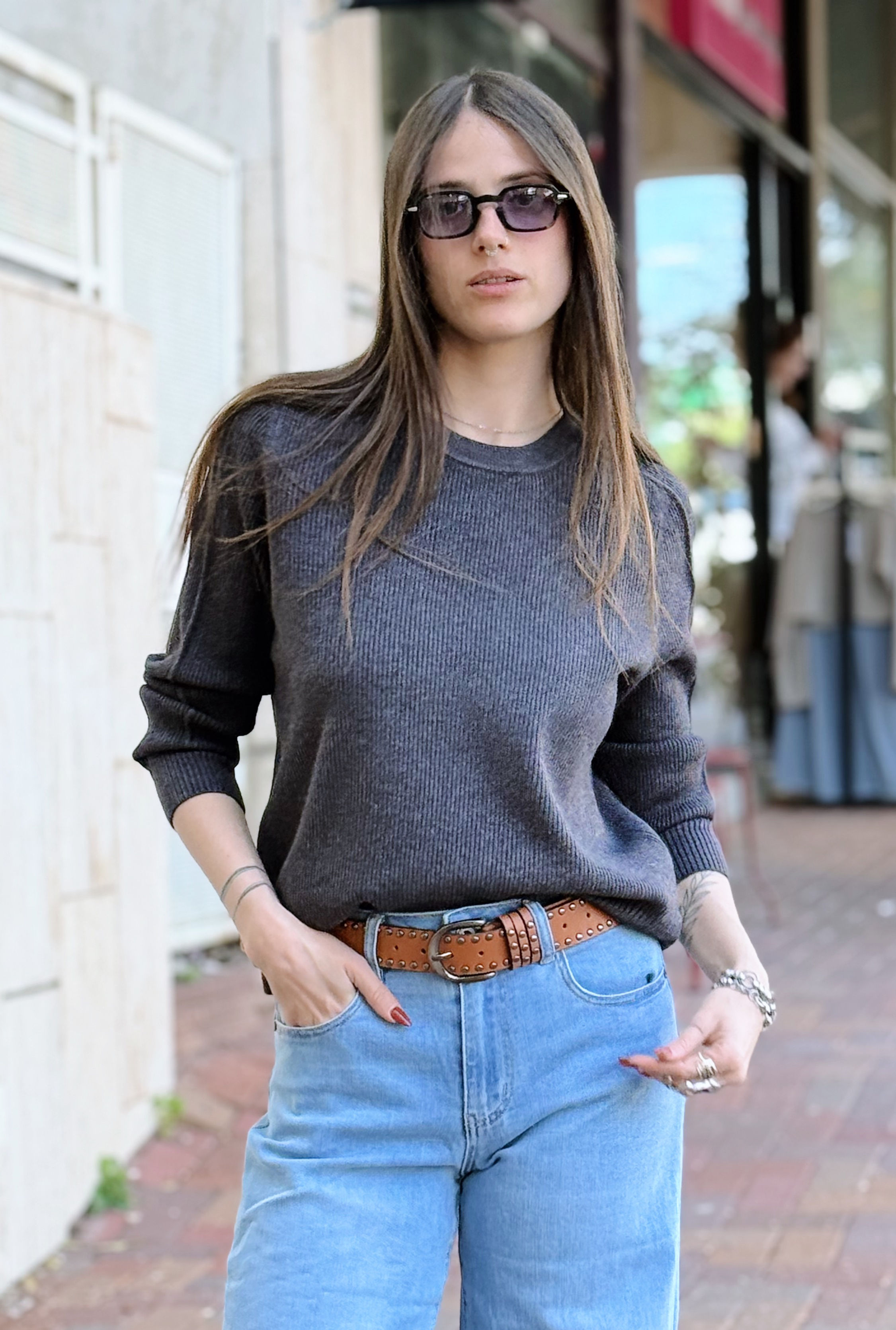 סריג ריב צווארון עגול | אפור כהה 