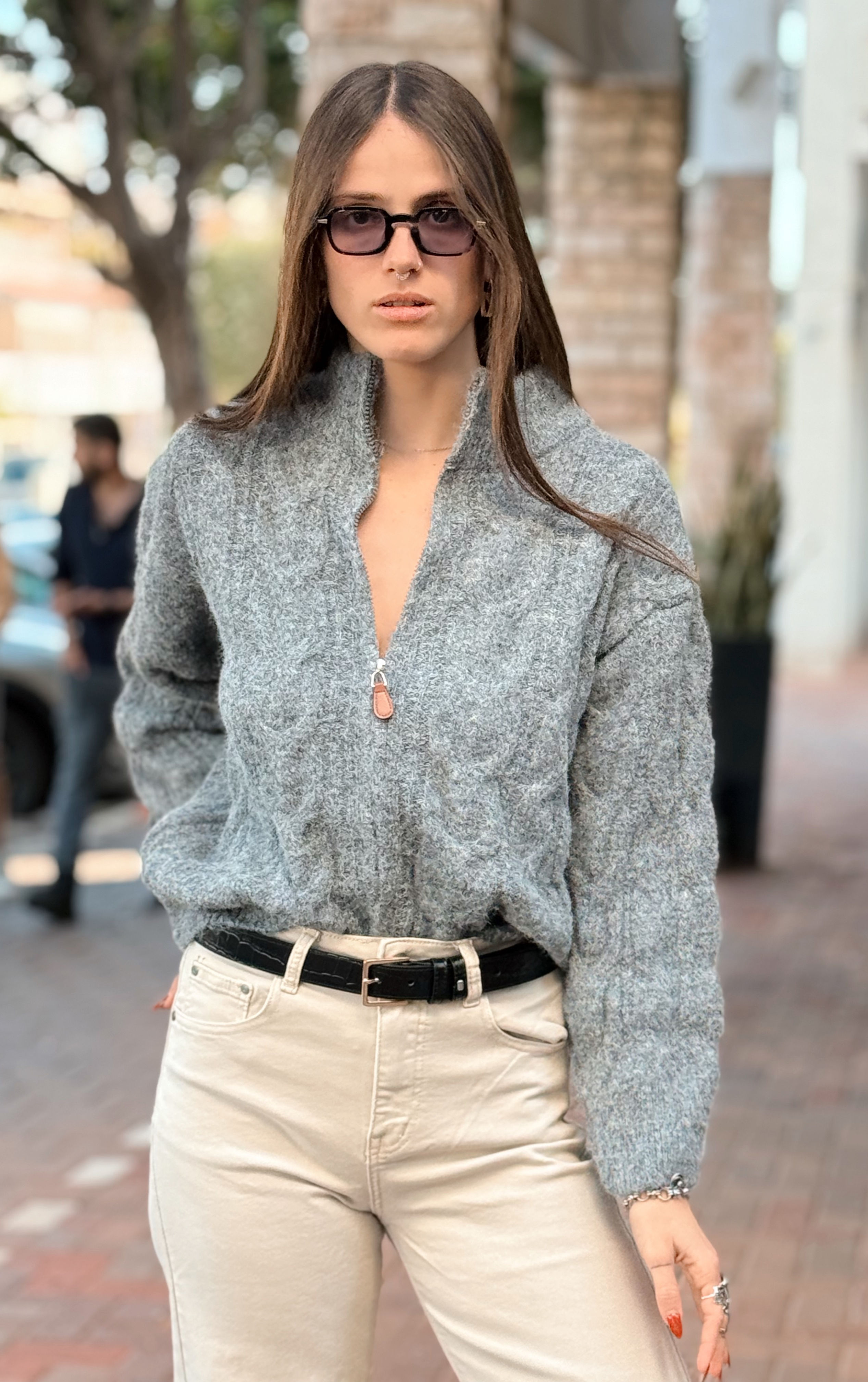 סוודר לירי קרדיגן צמות |אפור