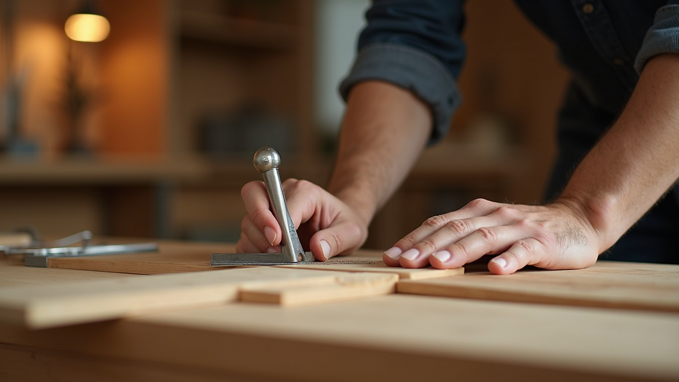Close-up view of a craftsman measuring wood for custom furniture
