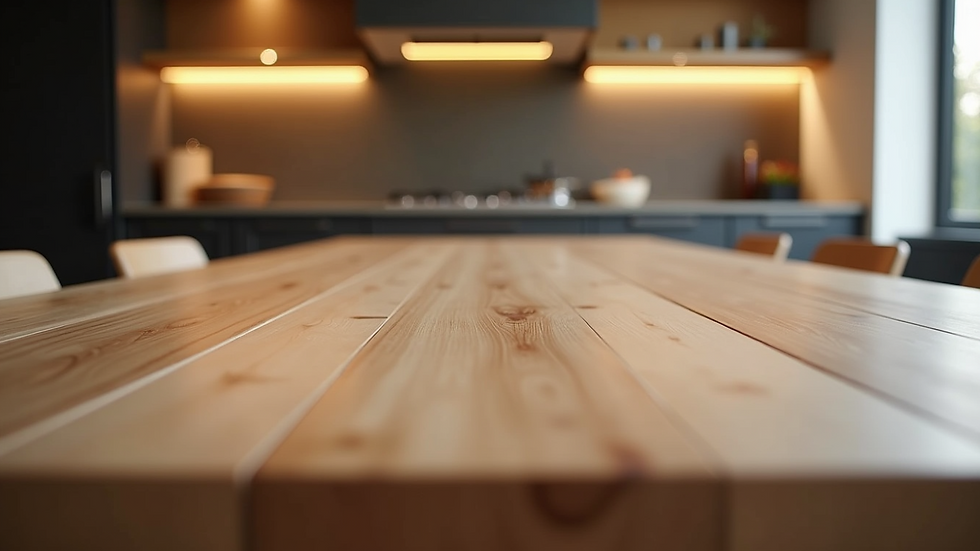 Eye-level view of a custom maple wood dining table in a modern kitchen