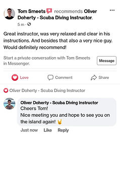 Facebook review from Tom Smeets about Oliver Scuba Diving PADI OPEN WATER COURSE.