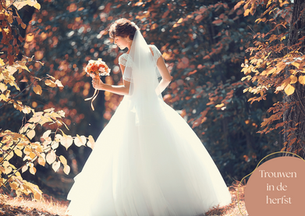 Bruid van achter gefotografeerd in de bossen tijdens trouwen in de herfst in Tilburg, sfeervolle herfstbruiloft verzorgd door Maison du Mariage