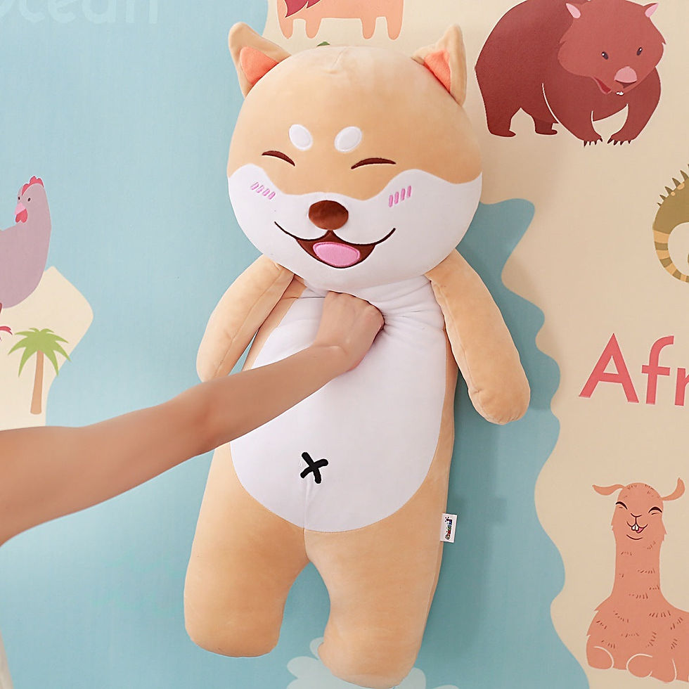 Hand petting a large Shiba Inu plush toy with smiling face and details