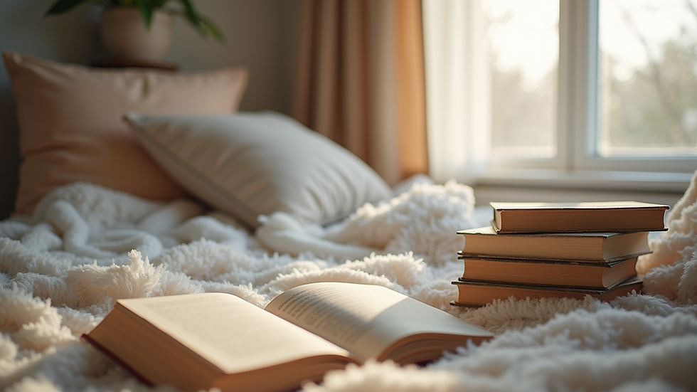 Eye-level view of a cosy reading nook with soft cushions and a stack of children’s books