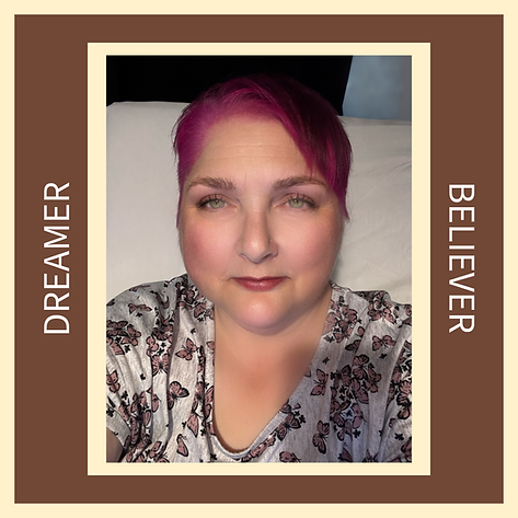Woman with pink hair, framed with the words "Dreamer" and "Believer".