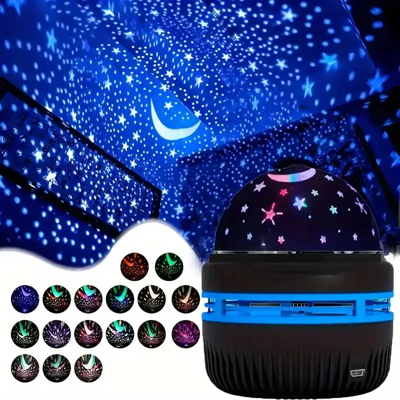 LED Sky Night Light USB Rotating Projector Lamp illuminating a starry sky, moon.
