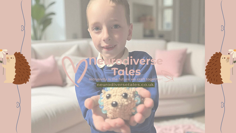 Photo of Riley holding the crocheted hedgehog with lavender-blue beads