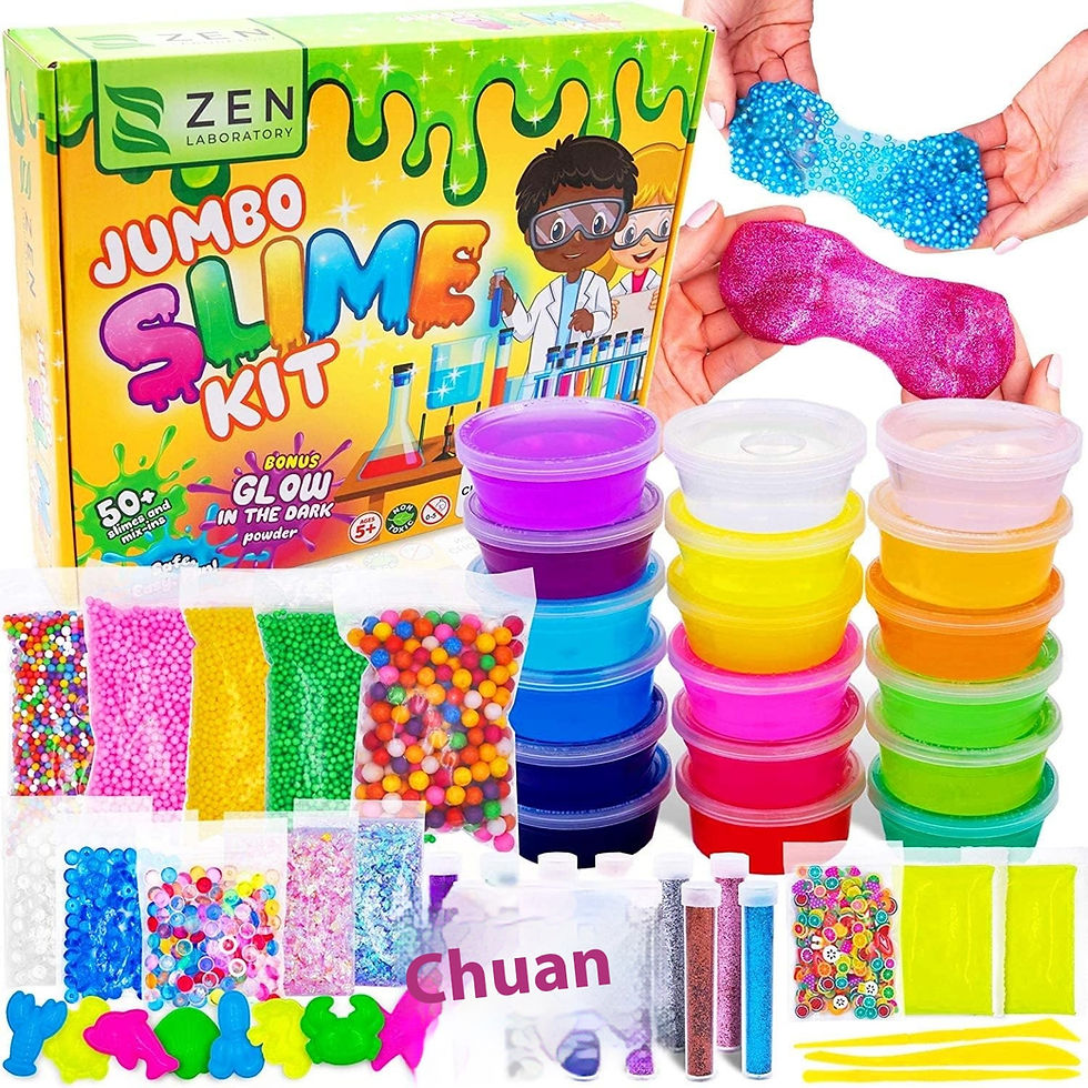 Jumbo Slime Kit box and various colorful slime accessories, Ultimate DIY Plastic Playdough & Slime Kit.