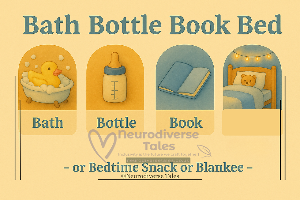 The 4 B’s: duck in a bubble bath, baby bottle of milk, bedtime book, and teddy in bed under a string of lights.